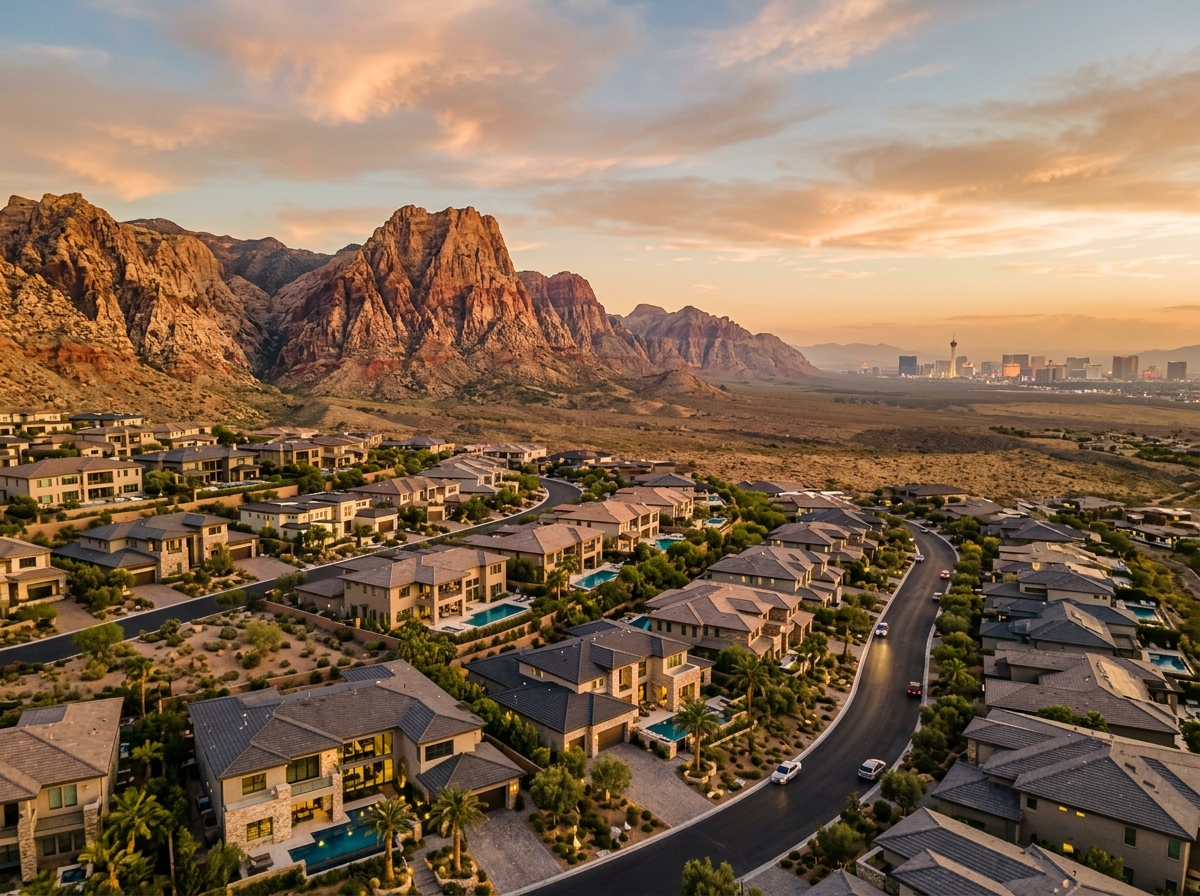 Aerial view of an upscale Las Vegas neighborhood at sunset with mountains behind and the Strip skyline faint in the distance