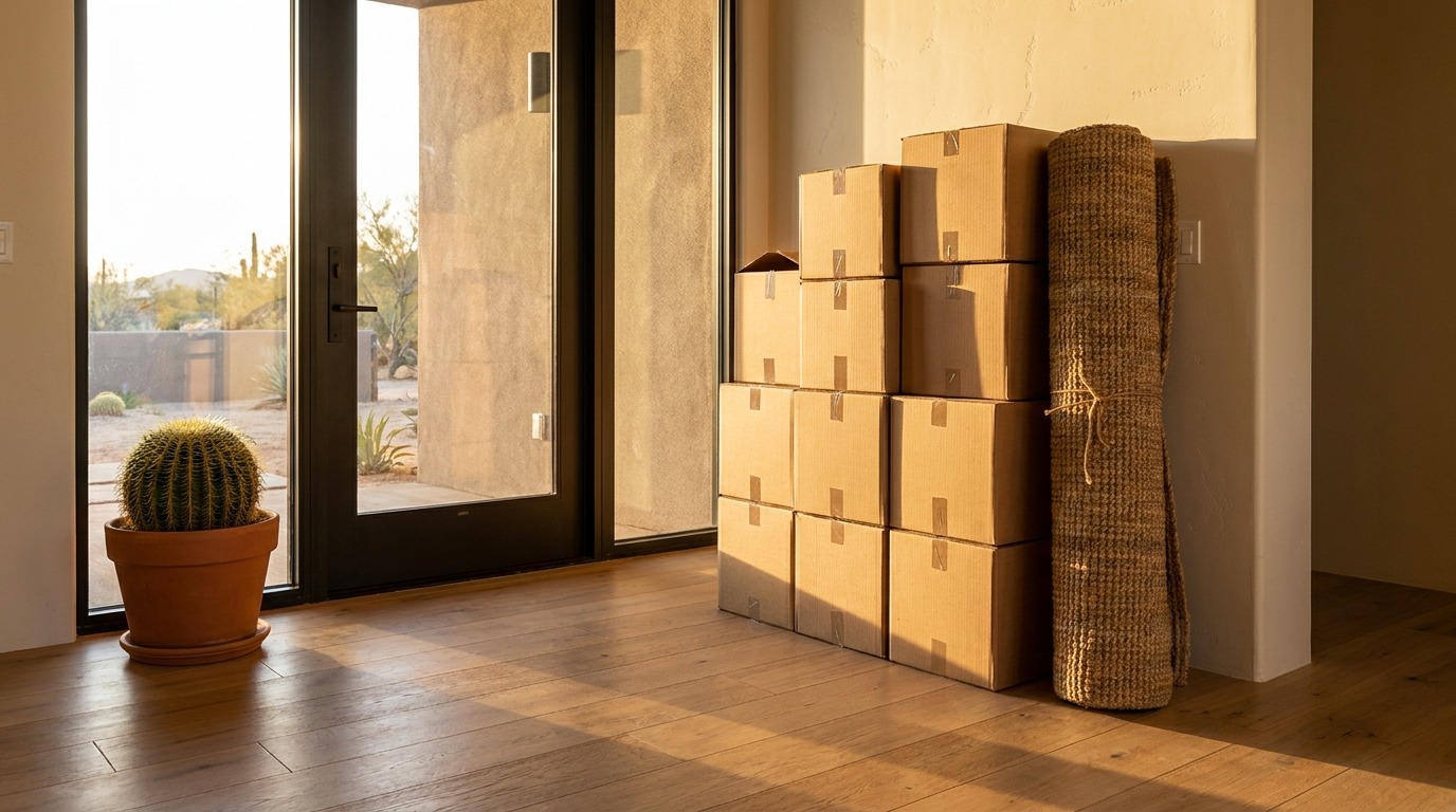 Moving boxes and a house key on a checklist, symbolizing the California to Las Vegas relocation timeline.