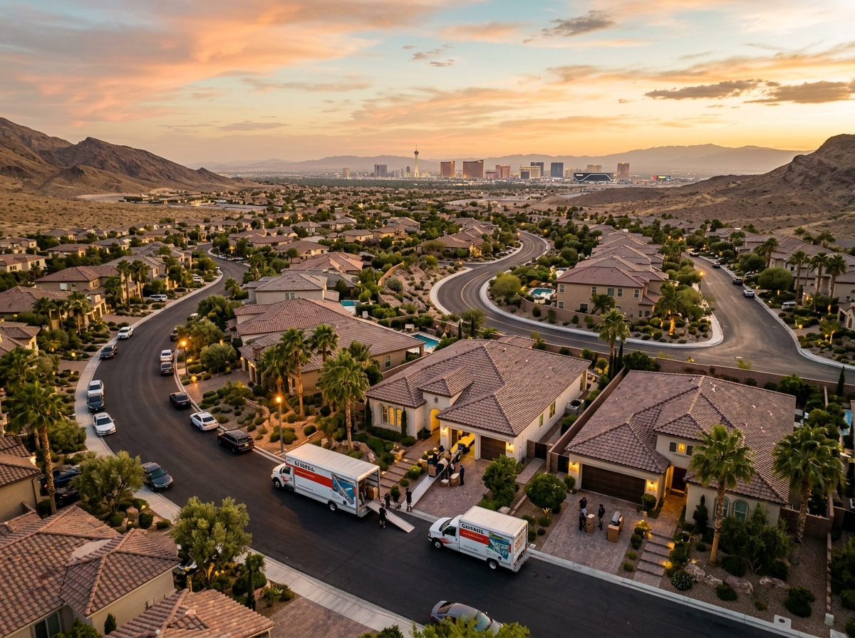 Aerial view of a Las Vegas valley neighborhood at golden hour with the Strip skyline visible in the distance
