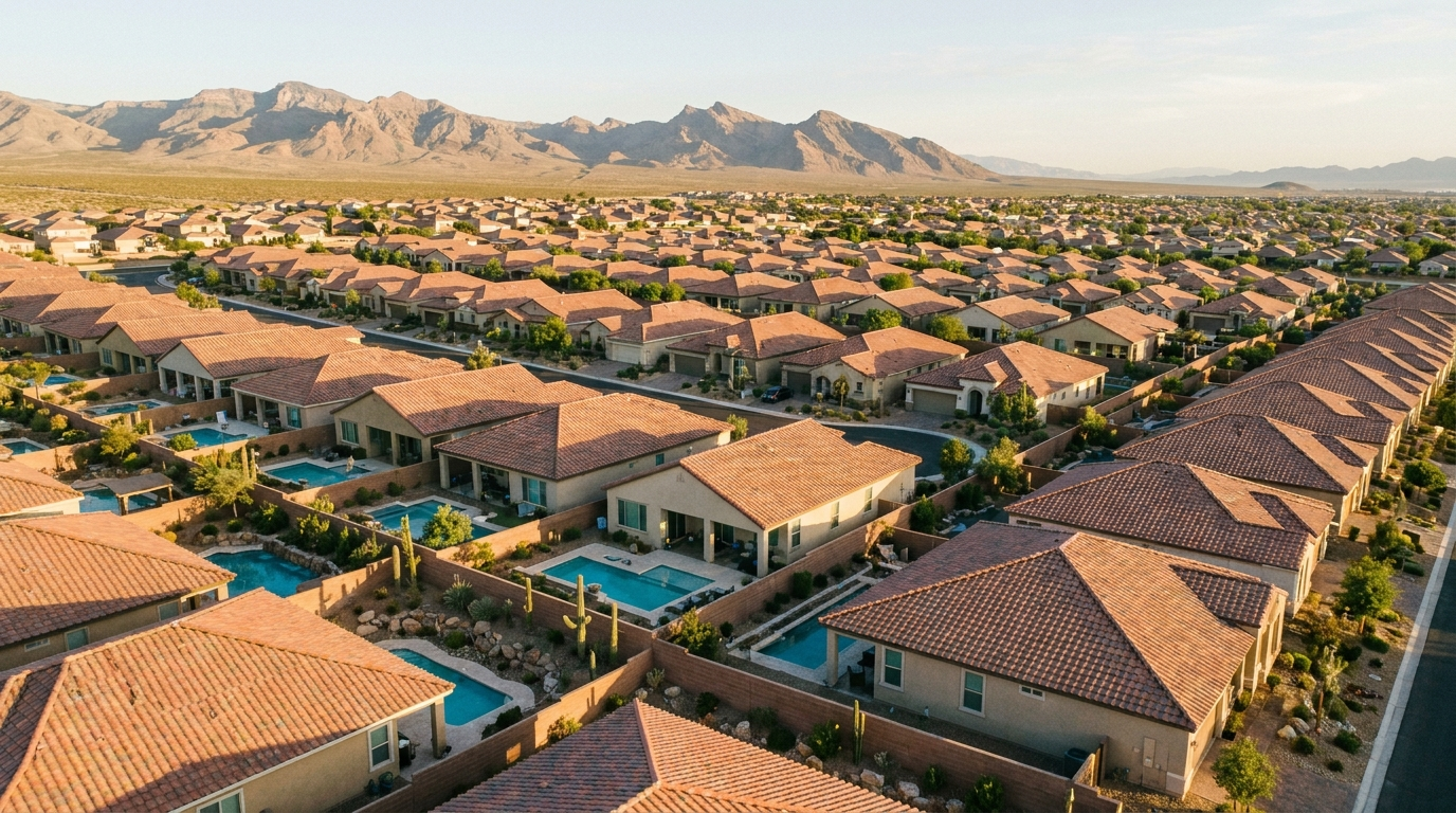 Aerial view of Las Vegas rooftops whose owners pay Clark County property tax