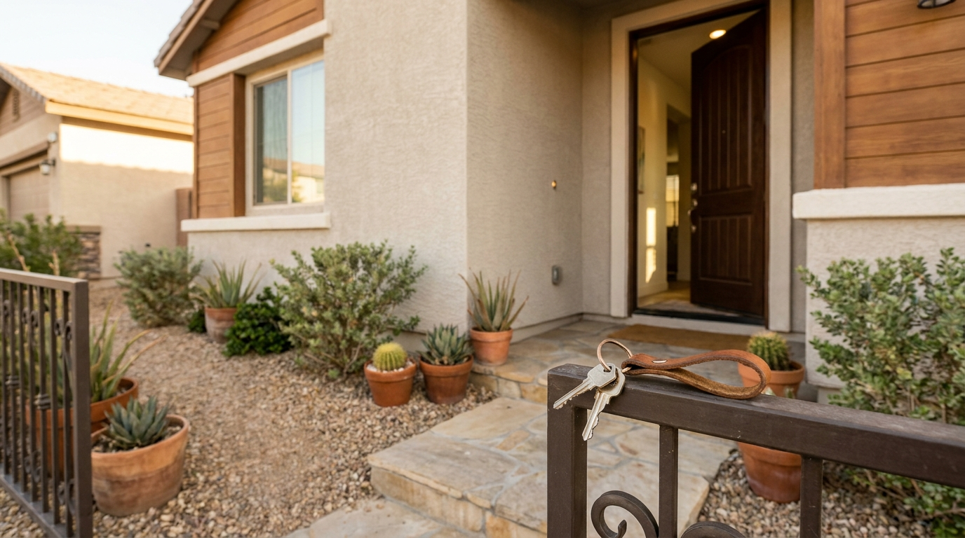 House keys on the porch rail of a starter home, first time home buyer in Las Vegas