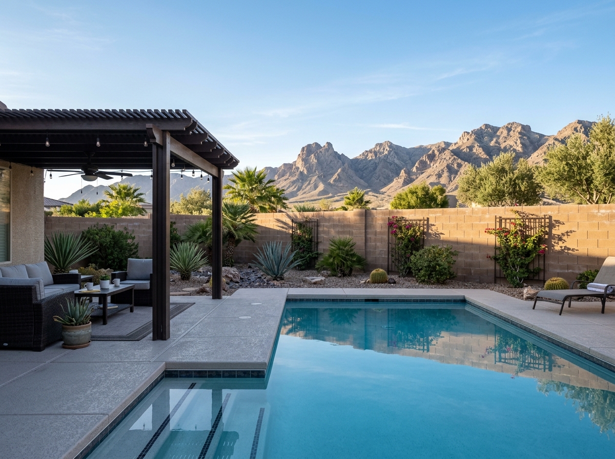 Backyard of a Las Vegas home showing backyard pool, covered patio, block wall, desert mountains.