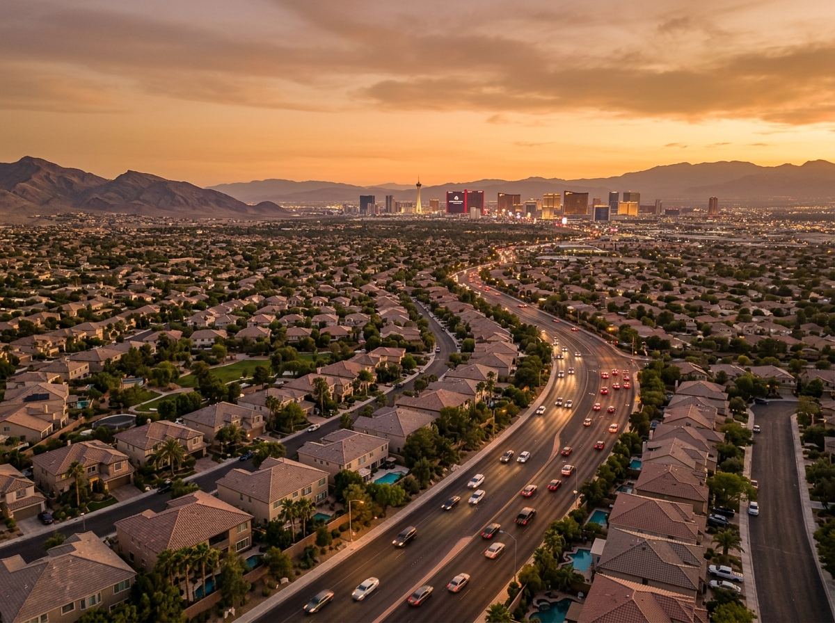 Aerial view of a Las Vegas neighborhood road at golden hour with the Strip skyline visible in the distance
