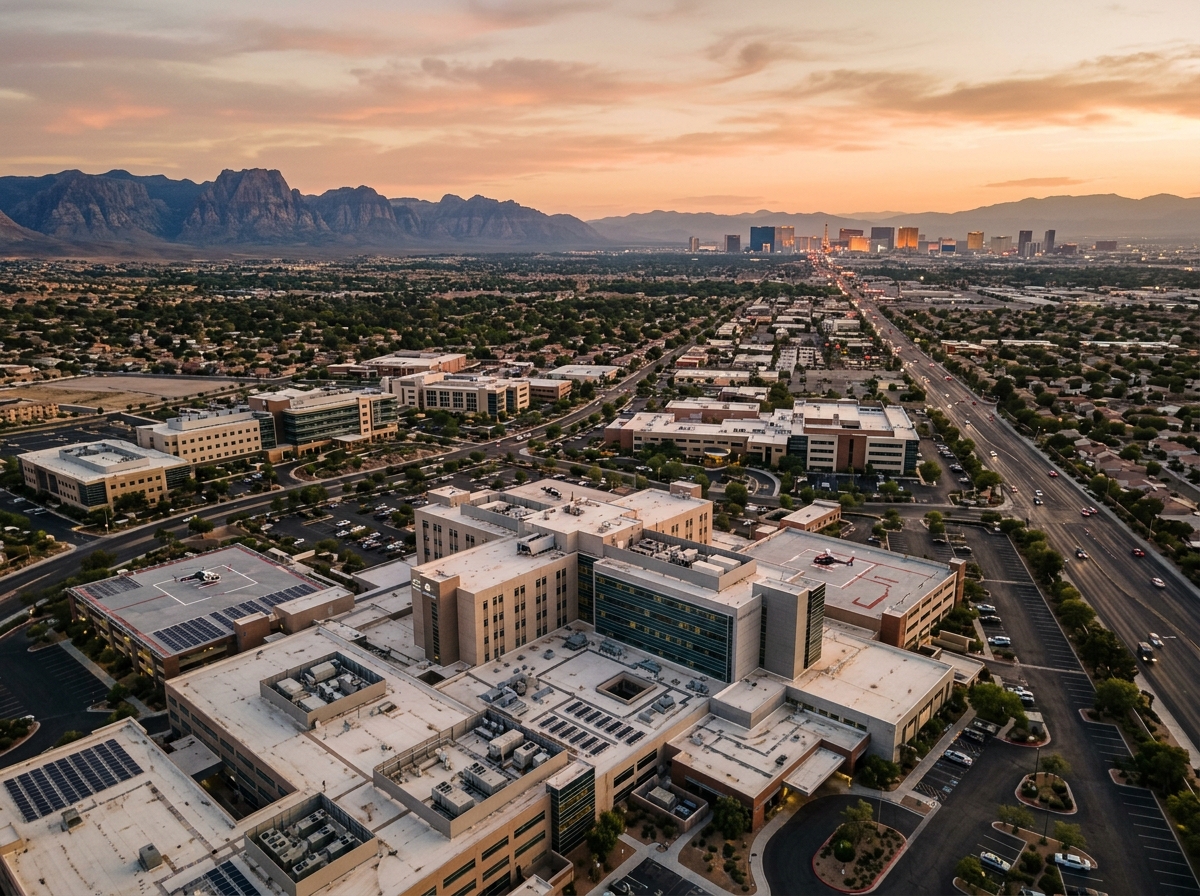 Aerial view at golden hour over a Las Vegas valley medical district with the Strip skyline faint in the distance and mountains behind.