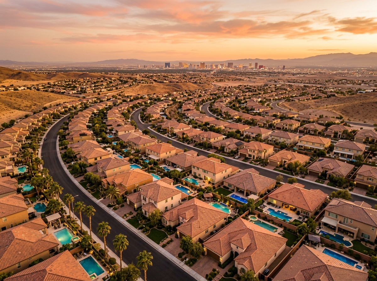 Aerial view of a Las Vegas neighborhood with tile roof homes and backyard pools at golden hour with the Strip skyline in the distance