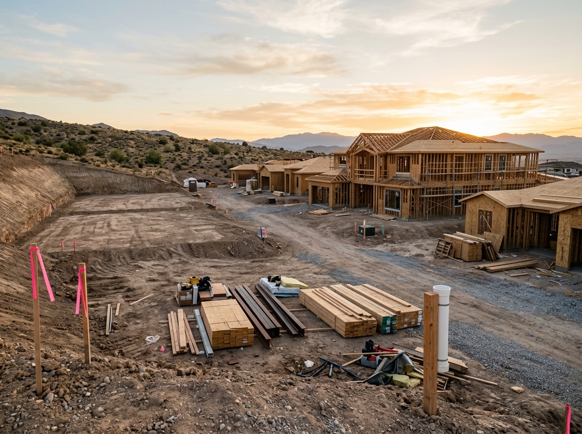 New-home construction site in Las Vegas showing framed luxury estate shell, graded hillside pad, stacked lumber and steel beams, construction permits tube, surveyor stakes with pink ribbon.