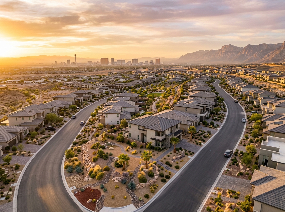 Aerial view at golden hour of a Las Vegas neighborhood with desert landscaped yards, mountains and a hazy Strip skyline in the distance