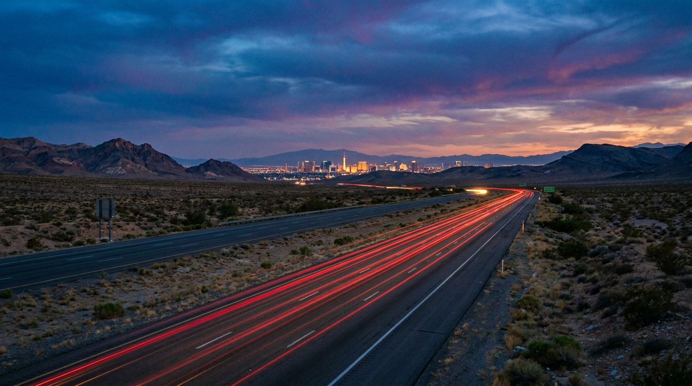Desert highway at blue hour heading toward Las Vegas, weighing Las Vegas vs Texas vs Florida