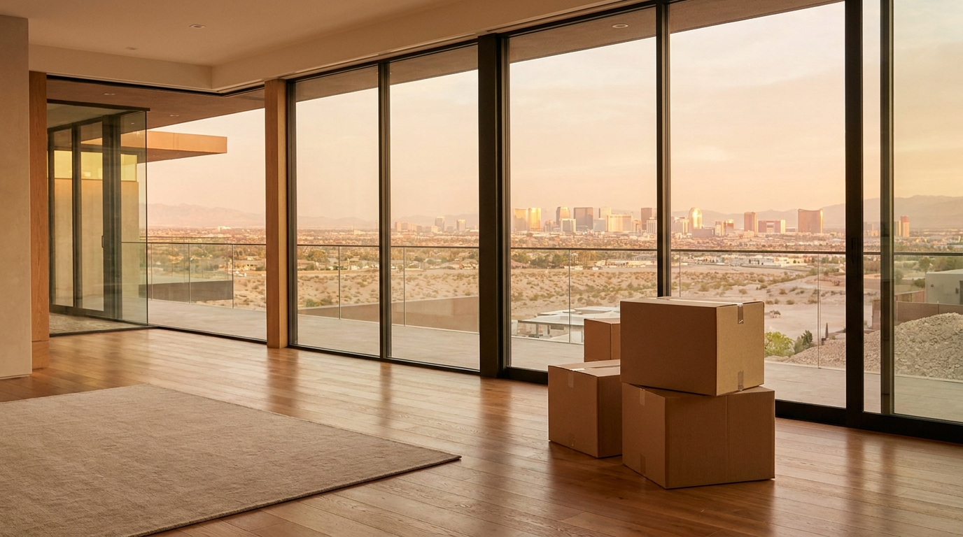 Moving boxes inside a modern Las Vegas home at golden hour, illustrating the Las Vegas vs Los Angeles cost of living comparison
