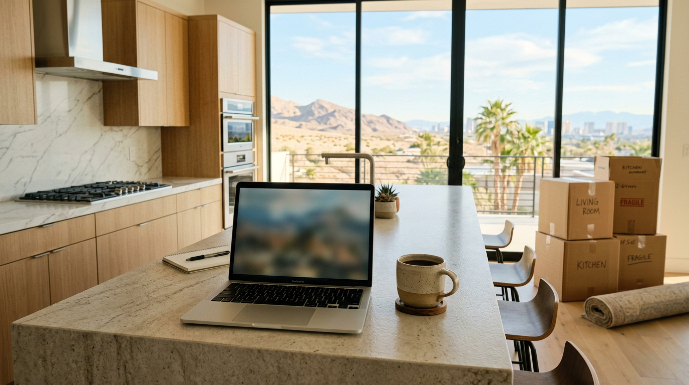 Laptop and moving boxes in a bright Las Vegas kitchen, moving to Las Vegas without a job
