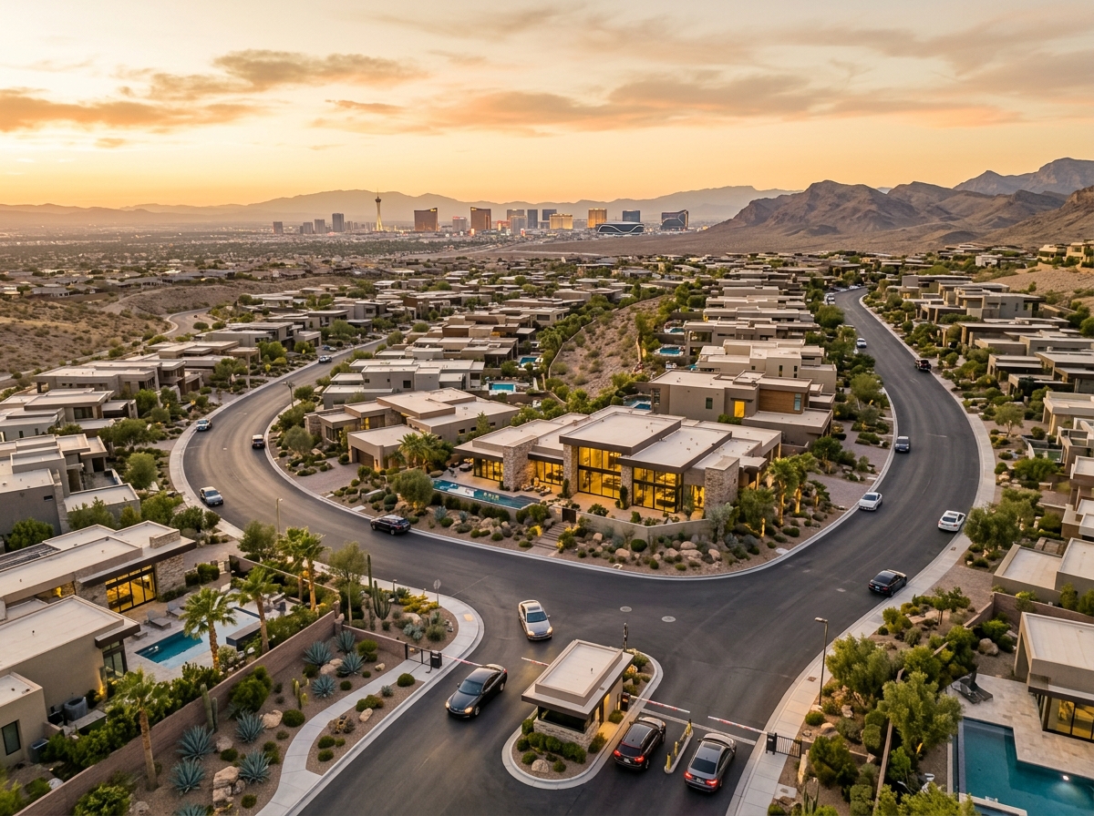 Luxury modern home exterior in a Las Vegas valley neighborhood at sunset with mountains in the distance