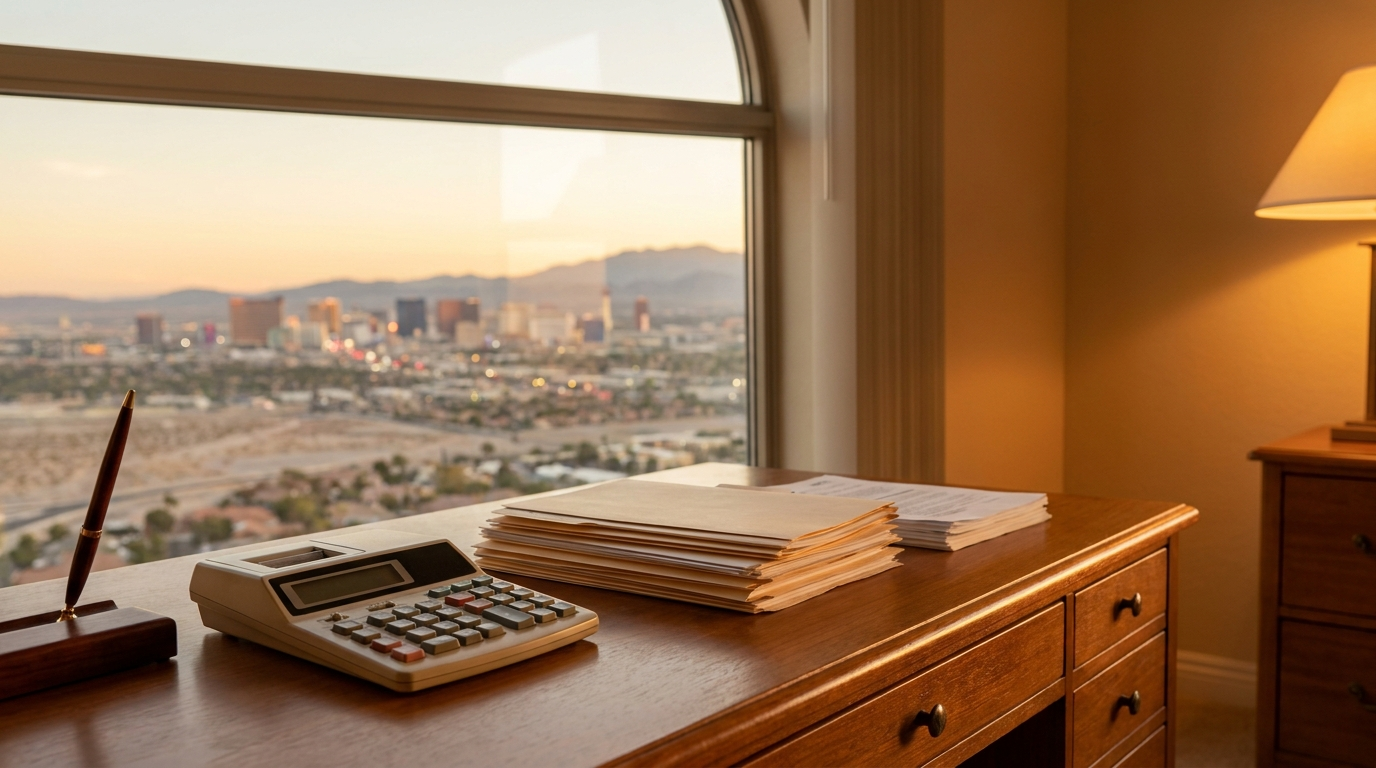 Home office desk with documents and a calculator, weighing Nevada vs California taxes