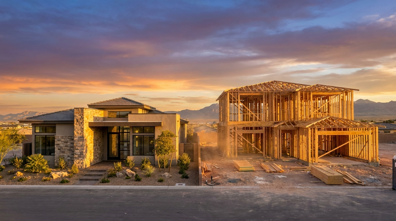 New construction homes las vegas: framed house beside a finished model home at golden hour on the valley edge