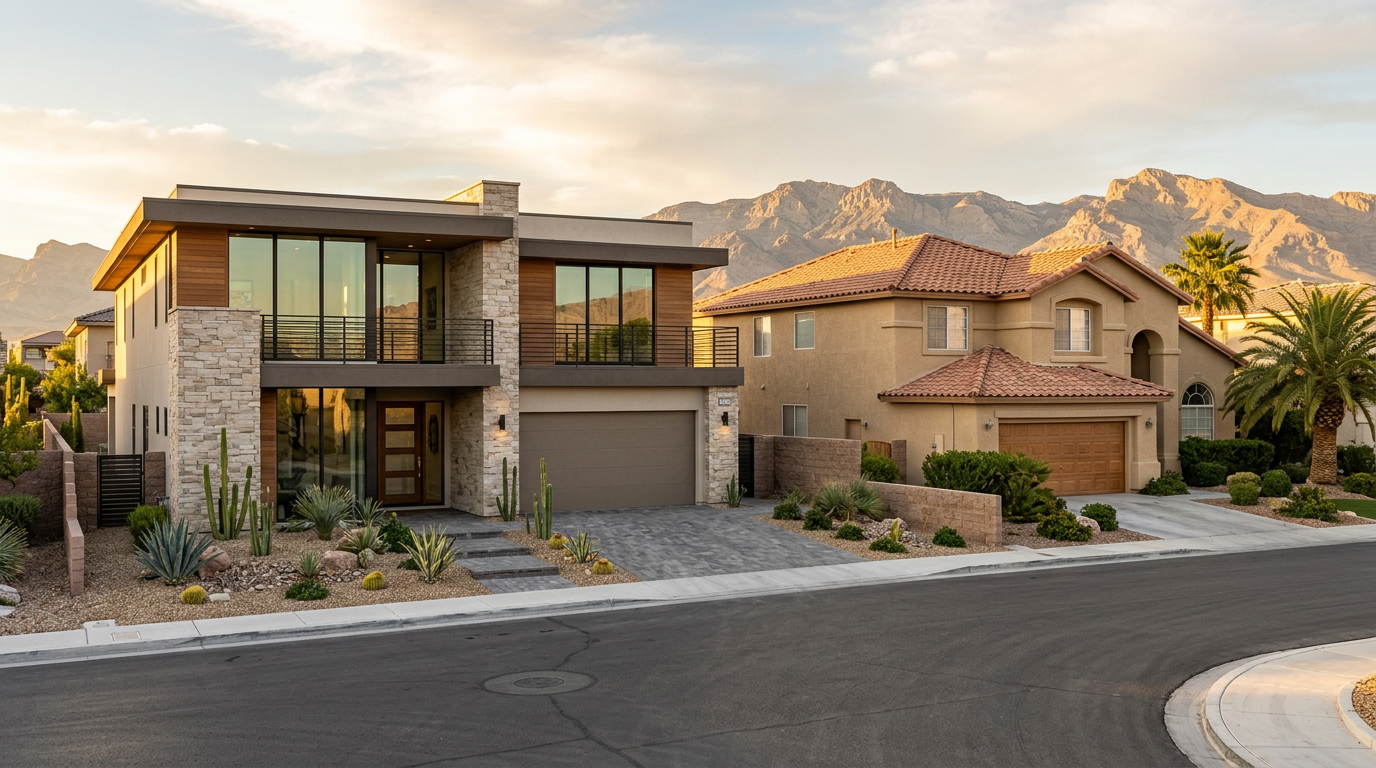Brand new build beside an older stucco home, new construction vs resale Las Vegas