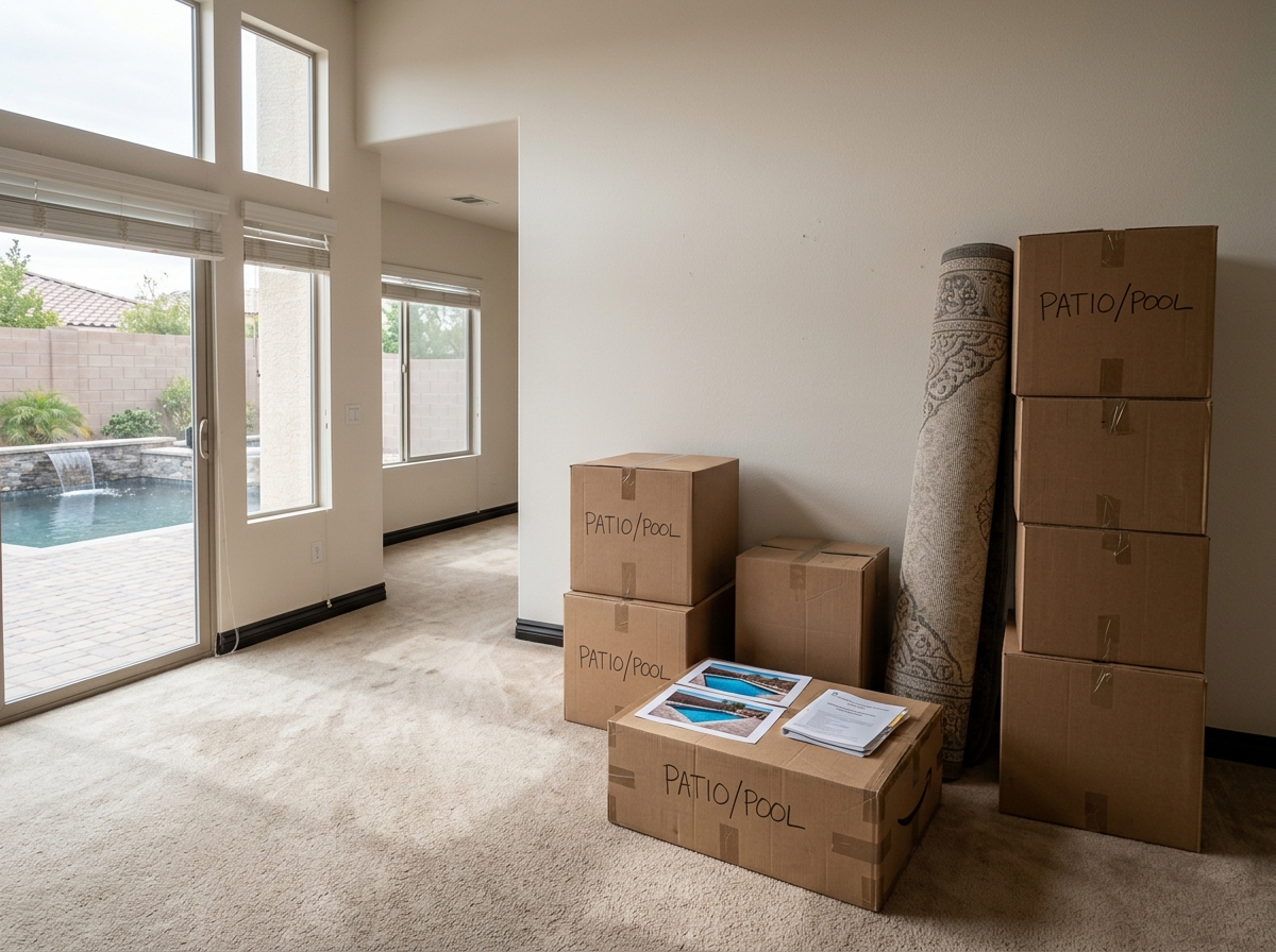 Empty room in a Las Vegas home on move-in day showing homeowners insurance policy documents, pool equipment manual, backyard pool photo printout, moving boxes labeled 'patio/pool', rolled patio rug.