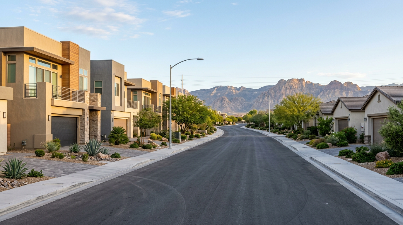 Las Vegas street with townhomes and single-family houses, the rent vs buy Las Vegas decision