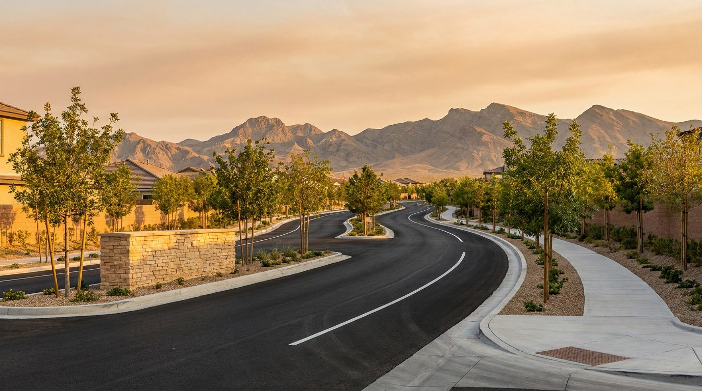 Newly built master plan street in the Las Vegas valley, infrastructure funded by SID LID fees Las Vegas buyers pay