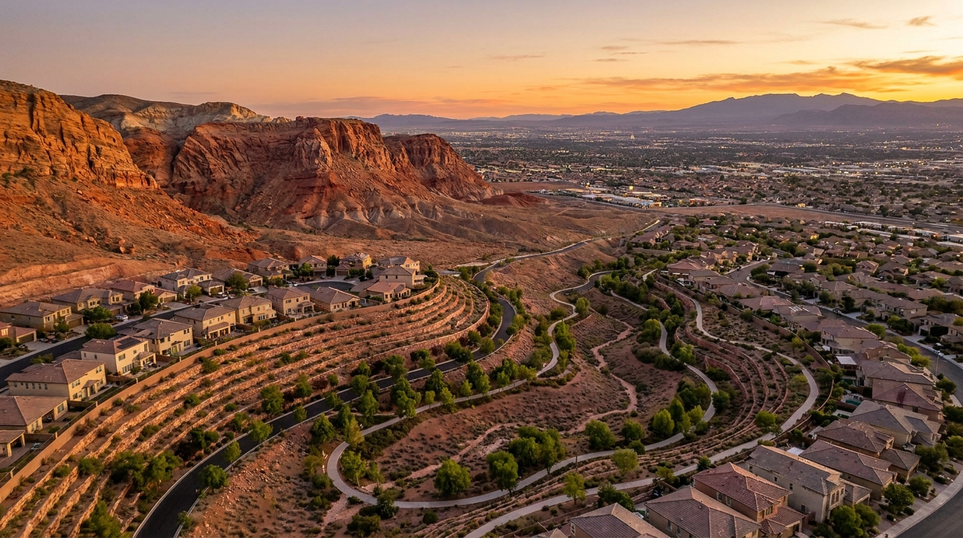 Summerlin vs Henderson: golden hour view across the Las Vegas valley from the west rim toward the southeast hills