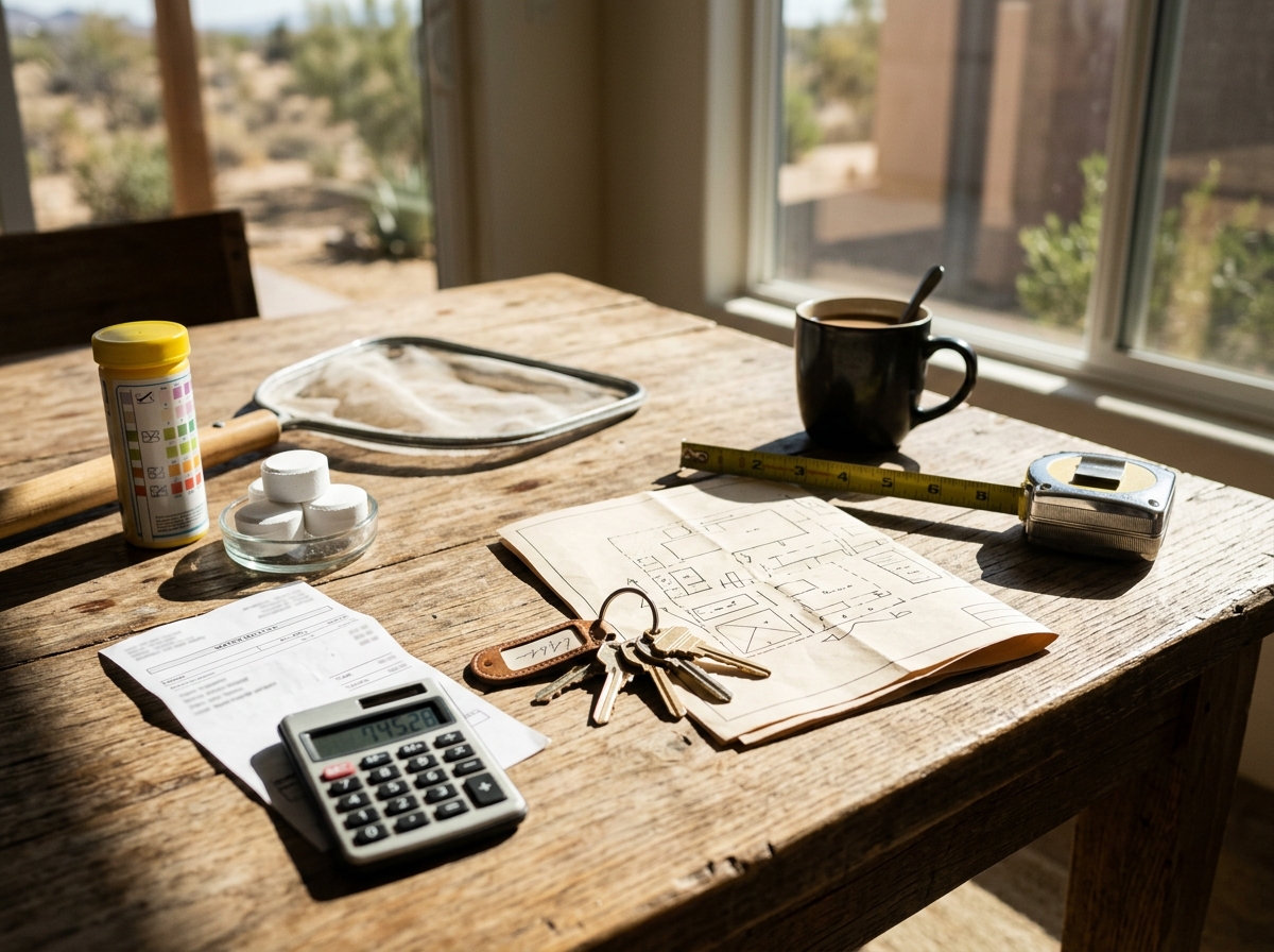 Close-up of house keys and paperwork on a table showing pool test strips, chlorine tablets, small pool net, water bill receipt, calculator.