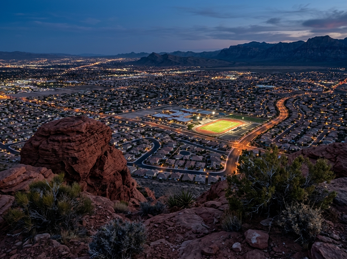 View from a Southern Nevada ridge across the valley showing red sandstone outcrop, creosote bushes, distant valley neighborhoods with rooftops, school building with athletic field, curving residential streets, cul-de-sacs, distant mountains at horizon.
