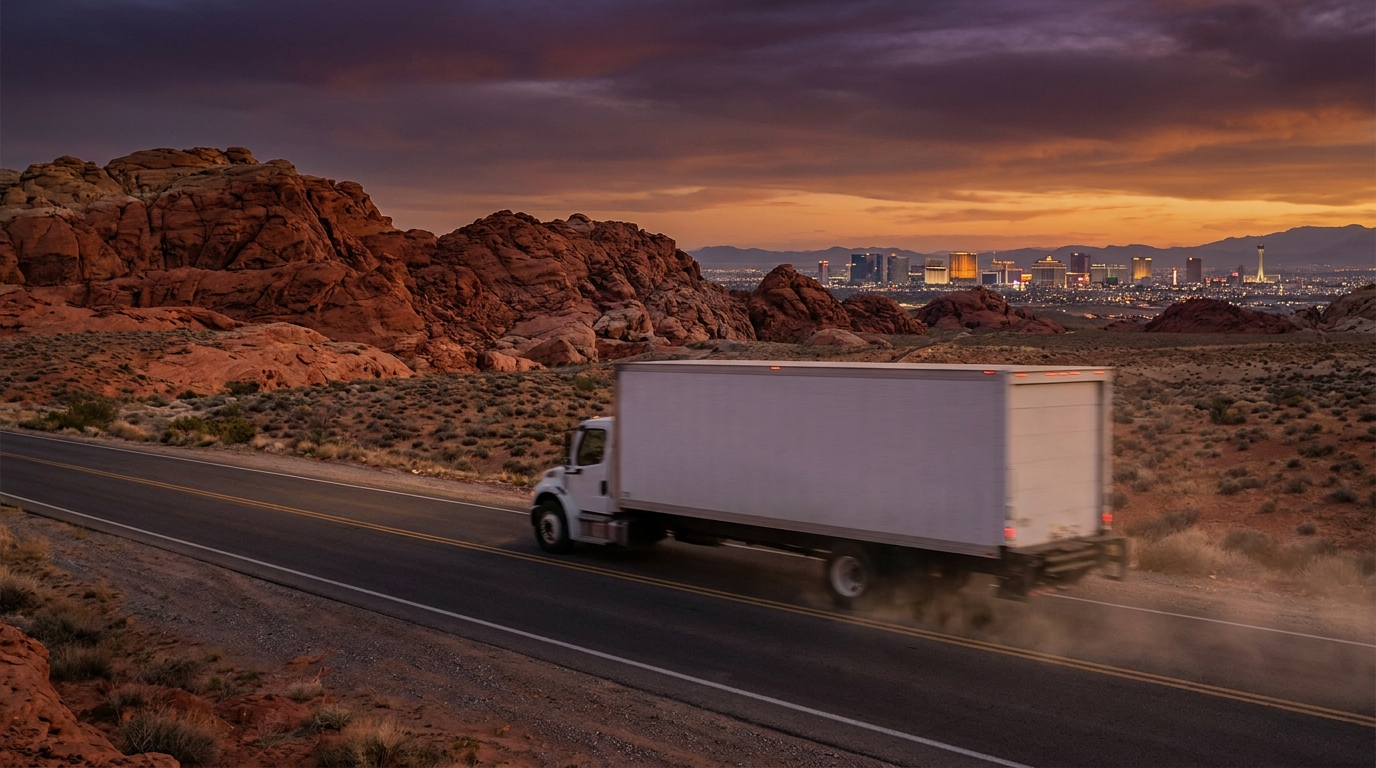 Moving truck on a desert highway toward Las Vegas, showing who is moving to Las Vegas